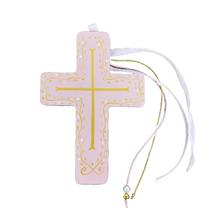 Load image into Gallery viewer, Wooden Cross with Pink and Gold Design and Cording (free USA shipping included)
