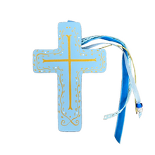 Load image into Gallery viewer, Wooden Cross with Blue and Gold Design and Cording (free USA shipping included)
