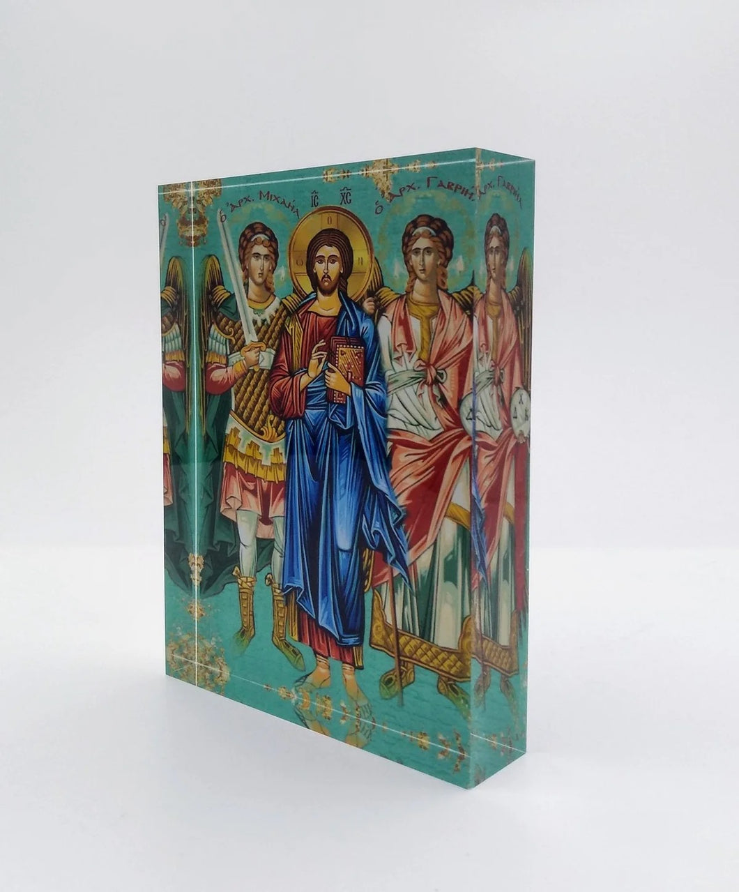 Plexiglass Orthodox Icon: Jesus Christ and Archangels Michael and Gabriel/Ιησούς Χριστός Αρχαγγέλους Μιχαὴλ καὶ Γαβριήλ (free USA shipping included)