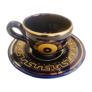 Coffee Cup and Saucer Set with Mati/Gold Greek Key Design