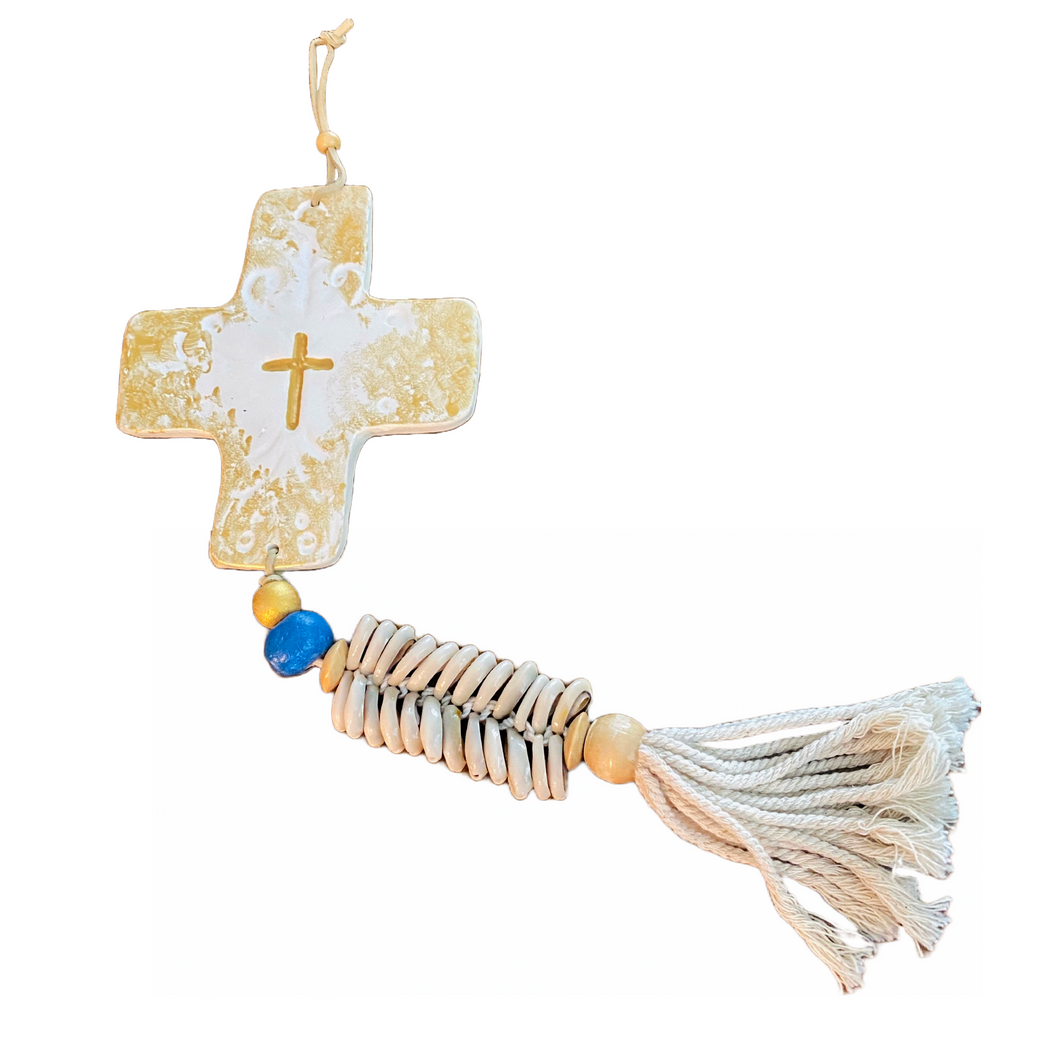 Ceramic Cross with Cording and Tassels
