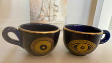 Load image into Gallery viewer, Coffee Cup and Saucer Set with Mati/Gold Greek Key Design
