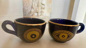 Coffee Cup and Saucer Set with Mati/Gold Greek Key Design