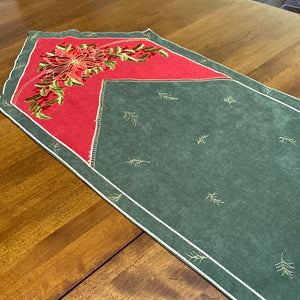 Christmas Poinsettia and Holly Berries Embroidered Table Runner