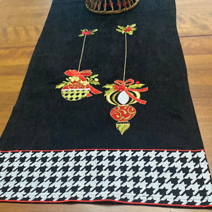 Christmas Ornaments and Black Velvet with Houndstooth Embroidered Table Runner
