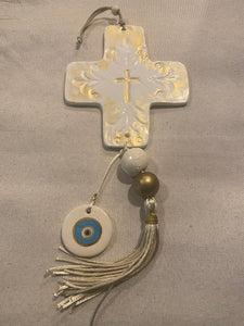 Ceramic Cross with Cording and Tassels