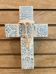 Wooden Cross with Blue and White Tile Design (Large)